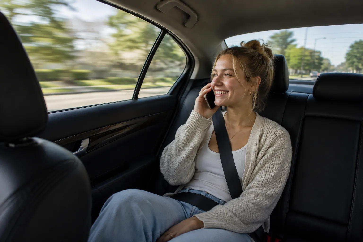 A rider on the phone in the back seat of a Bonvia vehicle on the way to a standing appointment.