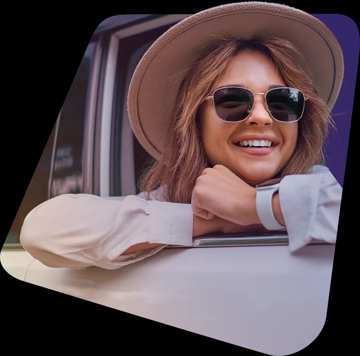 A relaxed rider leaning out of the window of a Bonvia vehicle.