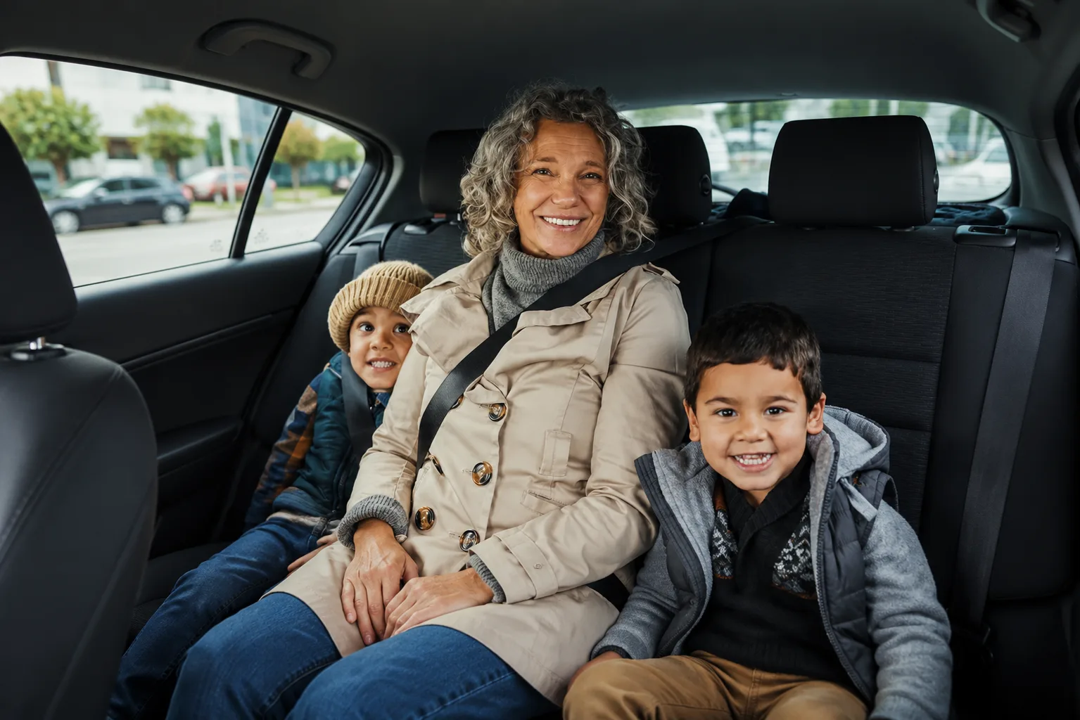 A grandmother and two grandchildren riding together in the back of a Bonvia vehicle.