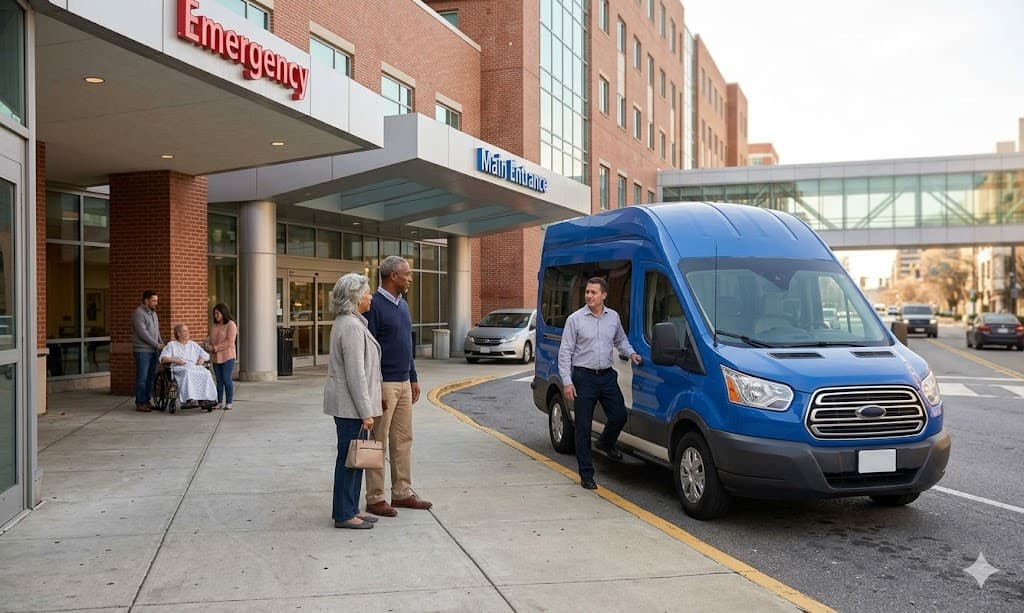 A Bonvia van waiting at a facility entrance for a scheduled pickup.