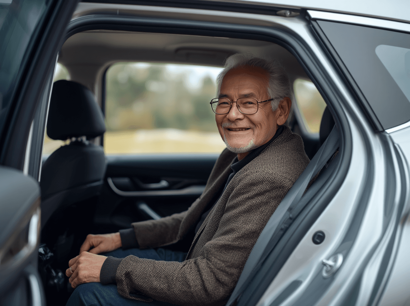 An older rider smiling from the back seat of a Bonvia vehicle, the rear door open beside him.