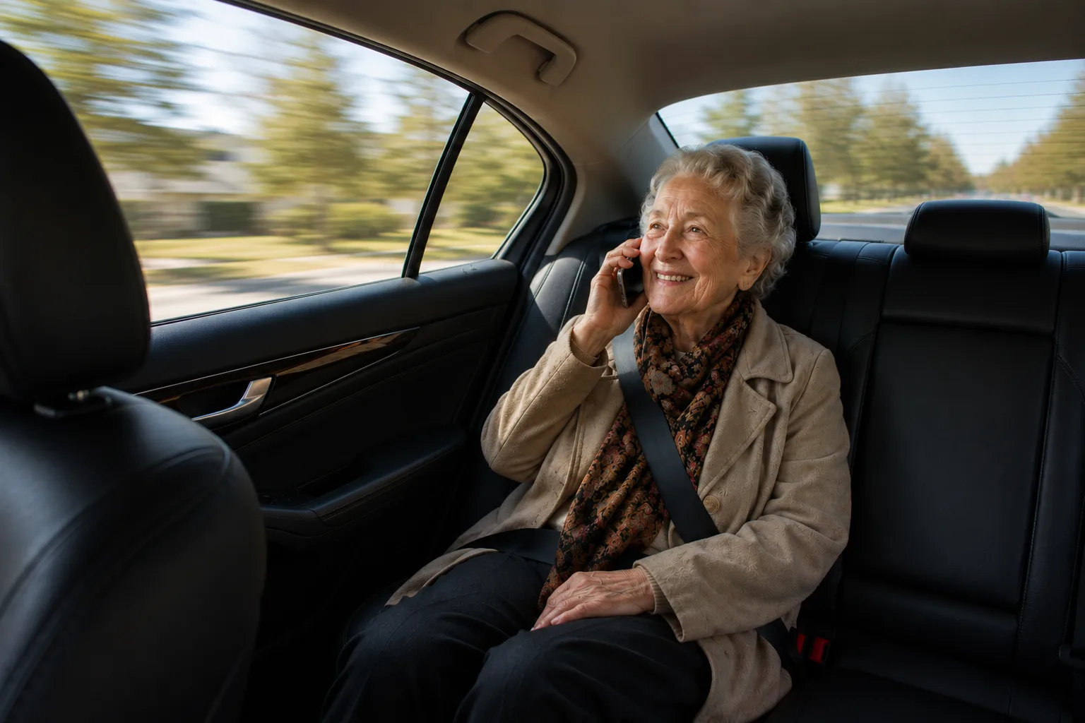 An older client on the phone in the back seat of a Bonvia vehicle on the way to an appointment.