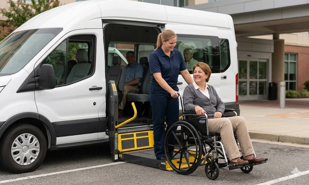 A Bonvia aide steadies a client into a wheelchair-accessible van outside a clinic.